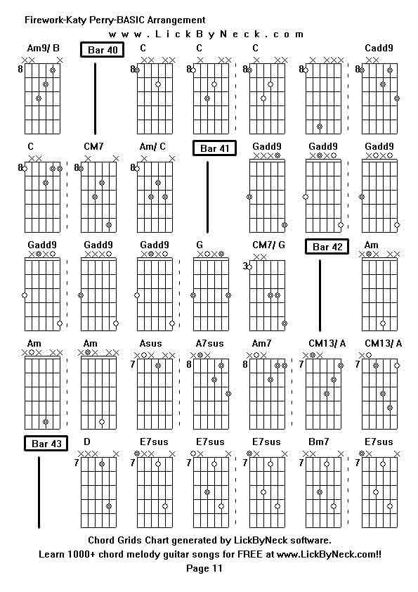 Chord Grids Chart of chord melody fingerstyle guitar song-Firework-Katy Perry-BASIC Arrangement,generated by LickByNeck software.